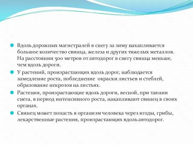 Вдоль дорожных магистралей в снегу за зиму накапливается большое количество свинца, железа