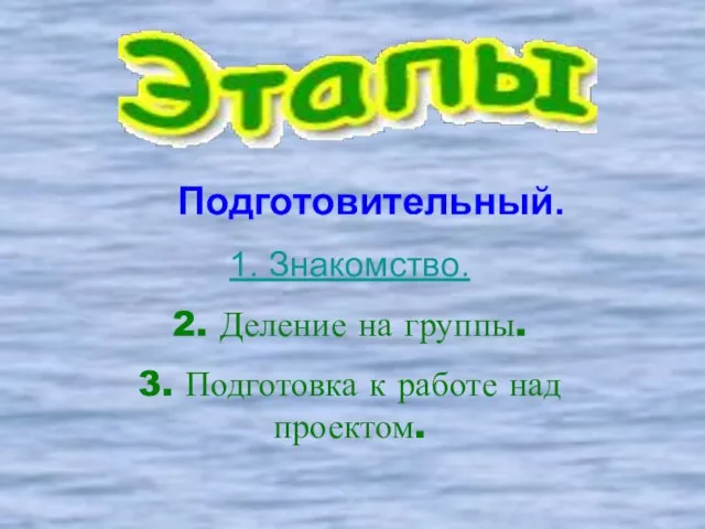 Подготовительный. 1. Знакомство. 2. Деление на группы. 3. Подготовка к работе над проектом.