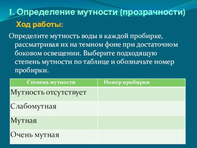 Ход работы: Определите мутность воды в каждой пробирке, рассматри­вая их на темном