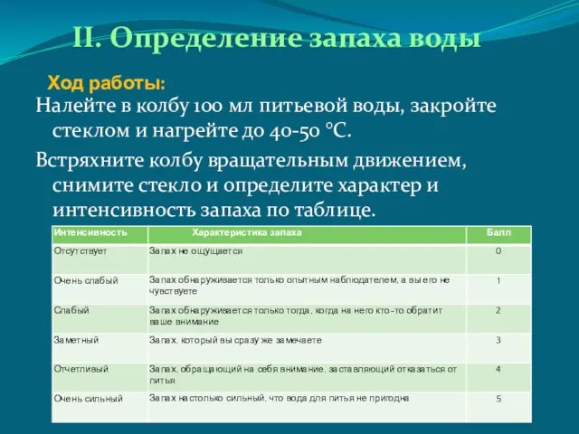 Ход работы: Налейте в колбу 100 мл питьевой воды, закройте стеклом и