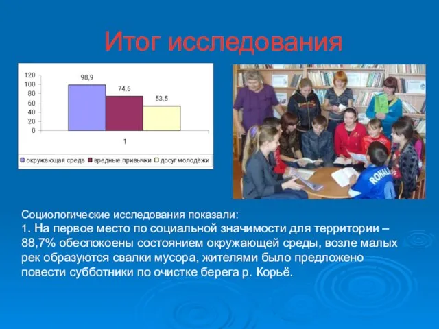 Итог исследования Социологические исследования показали: 1. На первое место по социальной значимости