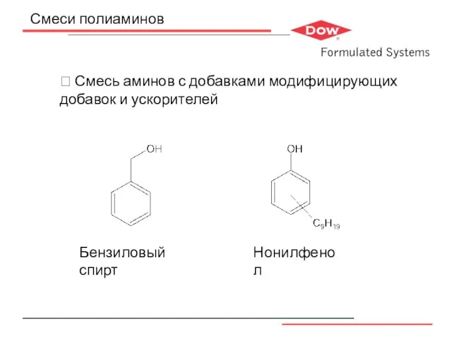 Смеси полиаминов ⮲ Смесь аминов с добавками модифицирующих добавок и ускорителей Бензиловый спирт Нонилфенол