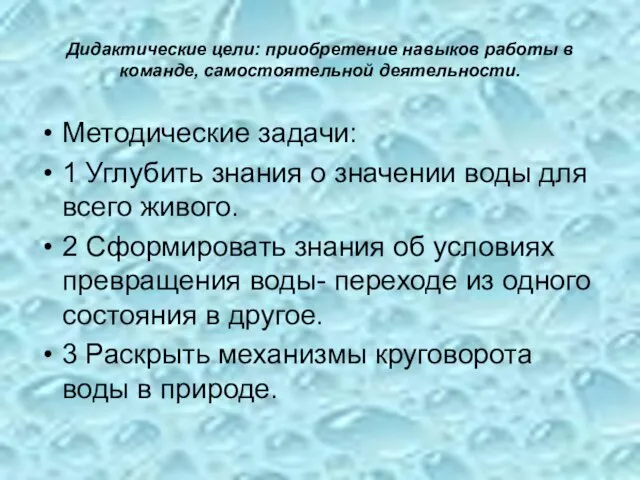 Дидактические цели: приобретение навыков работы в команде, самостоятельной деятельности. Методические задачи: 1