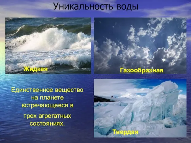 Уникальность воды Единственное вещество на планете встречающееся в трех агрегатных состояниях. Твердая Жидкая Газообразная