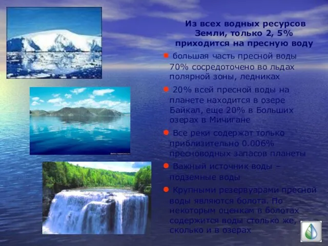 Из всех водных ресурсов Земли, только 2, 5% приходится на пресную воду