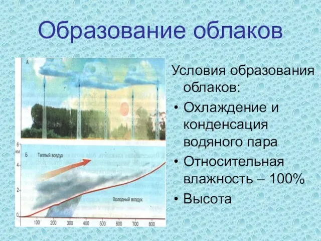 Образование облаков Условия образования облаков: Охлаждение и конденсация водяного пара Относительная влажность – 100% Высота