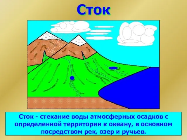 Сток Сток - стекание воды атмосферных осадков с определенной территории к океану,