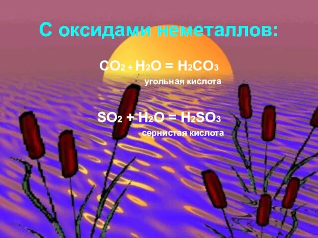 С оксидами неметаллов: CO2 + H2O = H2CO3 угольная кислота SO2 +