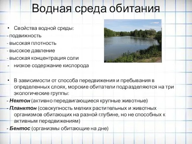 Водная среда обитания Свойства водной среды: - подвижность - высокая плотность -