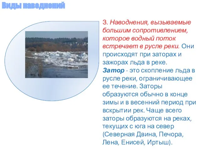 З. Наводнения, вызываемые большим сопротивлением, которое водный поток встречает в русле реки.