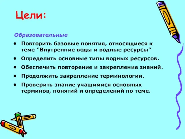 Образовательные Повторить базовые понятия, относящиеся к теме “Внутренние воды и водные ресурсы”