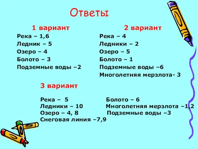 Ответы 1 вариант Река – 1,6 Ледник – 5 Озеро – 4