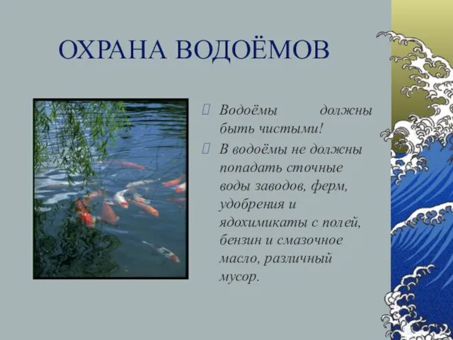 ОХРАНА ВОДОЁМОВ Водоёмы должны быть чистыми! В водоёмы не должны попадать сточные