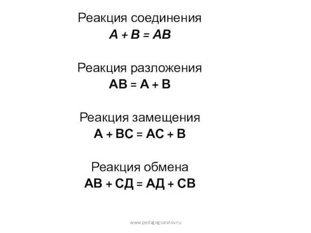 Реакция соединения А + В = АВ Реакция разложения АВ = А