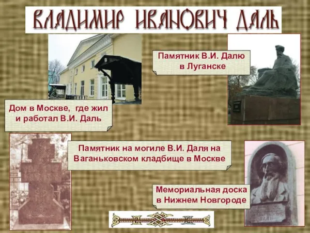 Мемориальная доска в Нижнем Новгороде Памятник на могиле В.И. Даля на Ваганьковском