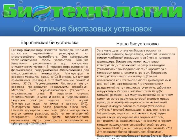 Реактор (биореактор) является газонепроницаемым, полностью герметичным резервуаром из кислотостойкого железобетона. Это конструкция