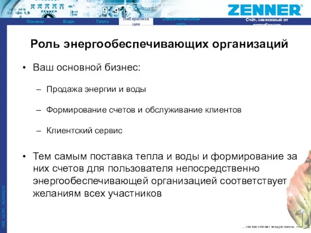 Роль энергообеспечивающих организаций Ваш основной бизнес: Продажа энергии и воды Формирование счетов