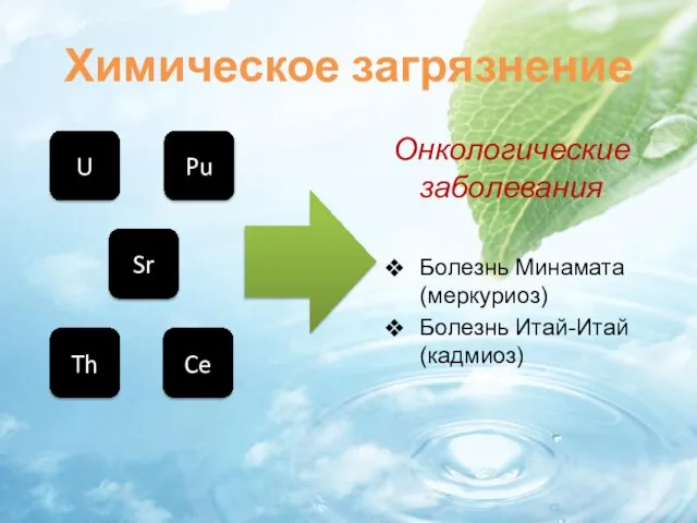 Химическое загрязнение Онкологические заболевания Болезнь Минамата (меркуриоз) Болезнь Итай-Итай (кадмиоз) U Pu Th Ce Sr
