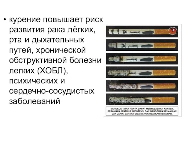 курение повышает риск развития рака лёгких, рта и дыхательных путей, хронической обструктивной