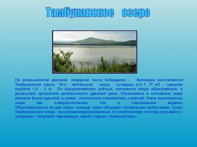 Тамбуканское озеро На возвышенной равнине северной части Кабардино - Балкарии расположено Тамбуканское