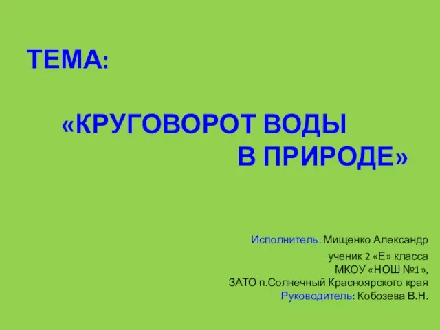 Исполнитель: Мищенко Александр ученик 2 «Е» класса МКОУ «НОШ №1», ЗАТО п.Солнечный