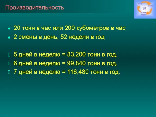 Производительность 20 тонн в час или 200 кубометров в час 2 смены