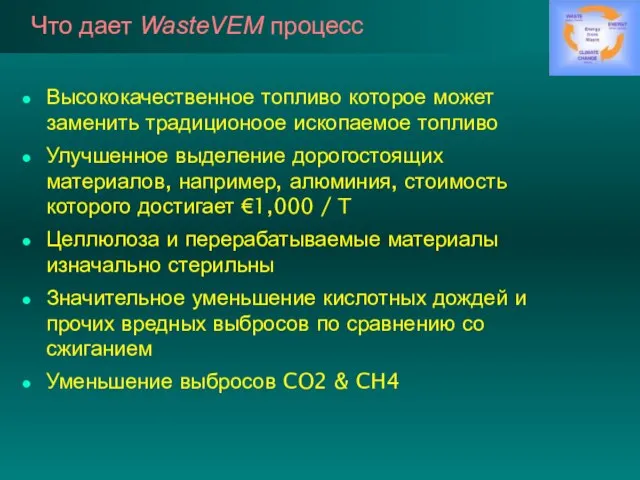 Что дает WasteVEM процесс Высококачественное топливо которое может заменить традиционоое ископаемое топливо