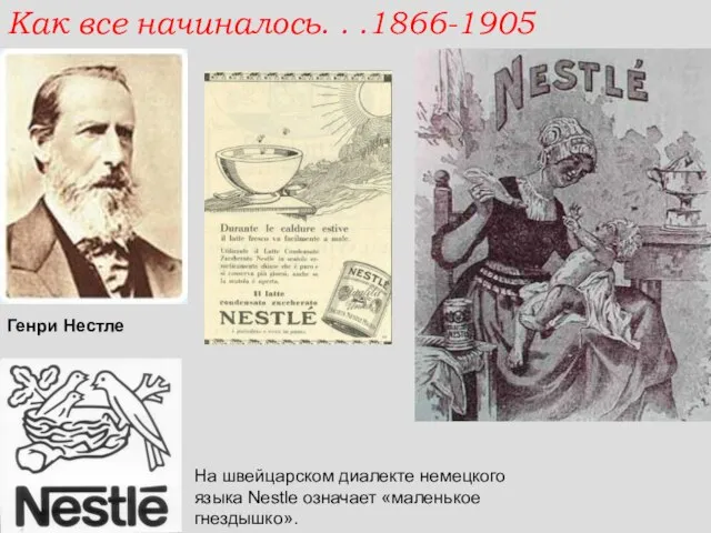 Генри Нестле Как все начиналось. . .1866-1905 На швейцарском диалекте немецкого языка Nestle означает «маленькое гнездышко».