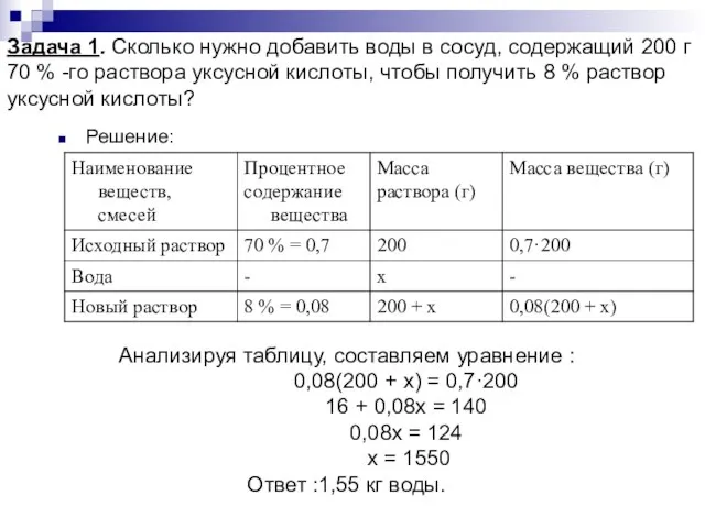 Задача 1. Сколько нужно добавить воды в сосуд, содержащий 200 г 70