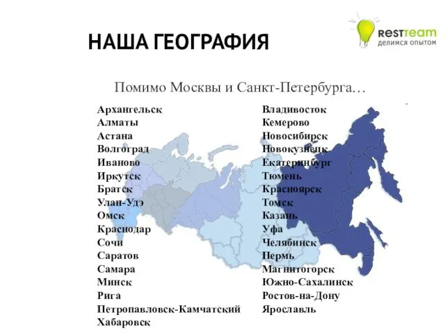 Помимо Москвы и Санкт-Петербурга… Владивосток Кемерово Новосибирск Новокузнецк Екатеринбург Тюмень Красноярск Томск