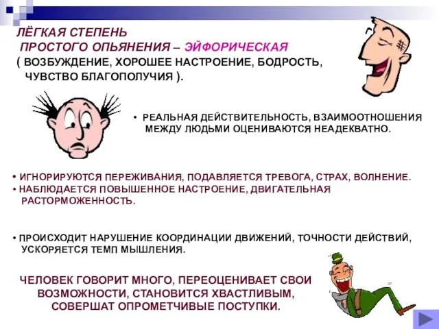 ЛЁГКАЯ СТЕПЕНЬ ПРОСТОГО ОПЬЯНЕНИЯ – ЭЙФОРИЧЕСКАЯ ( ВОЗБУЖДЕНИЕ, ХОРОШЕЕ НАСТРОЕНИЕ, БОДРОСТЬ, ЧУВСТВО