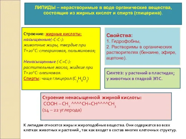 ЛИПИДЫ – нерастворимые в воде органические вещества, состоящие из жирных кислот и