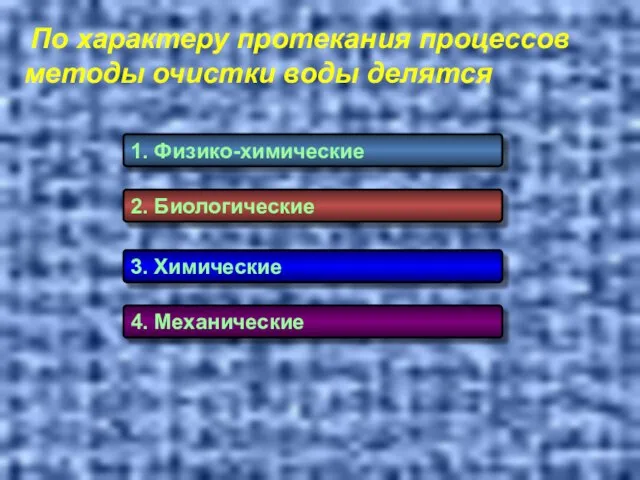 1. Физико-химические 2. Биологические 3. Химические 4. Механические По характеру протекания процессов методы очистки воды делятся