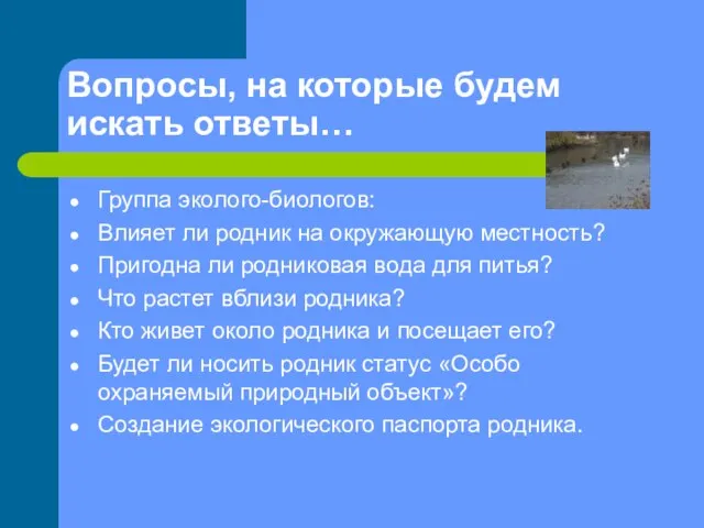 Вопросы, на которые будем искать ответы… Группа эколого-биологов: Влияет ли родник на