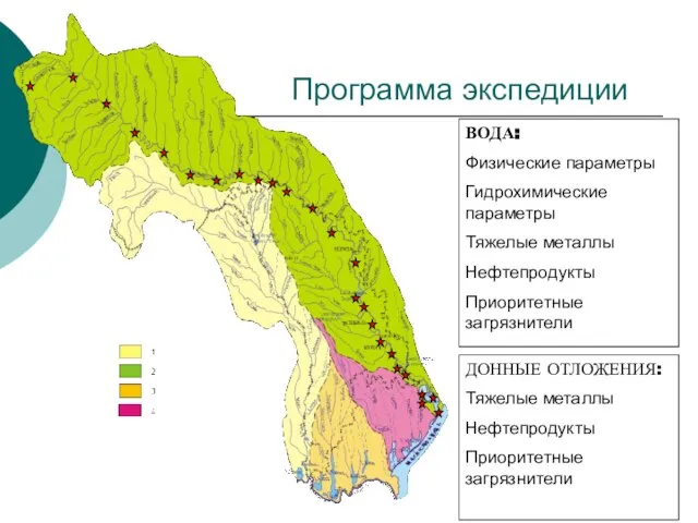 Программа экспедиции ВОДА: Физические параметры Гидрохимические параметры Тяжелые металлы Нефтепродукты Приоритетные загрязнители