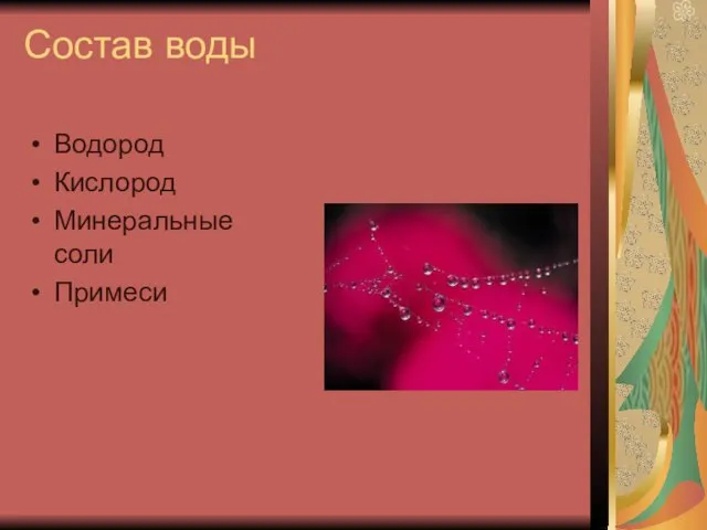 Состав воды Водород Кислород Минеральные соли Примеси