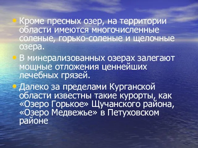 Кроме пресных озер, на территории области имеются многочисленные соленые, горько-соленые и щелочные