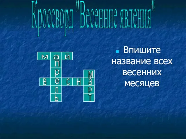 Кроссворд "Весенние явления" Впишите название всех весенних месяцев м а й п