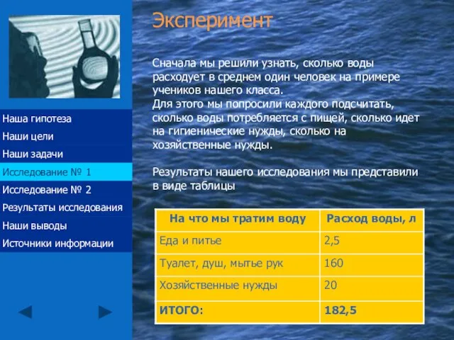 Исследование № 1 Эксперимент Сначала мы решили узнать, сколько воды расходует в