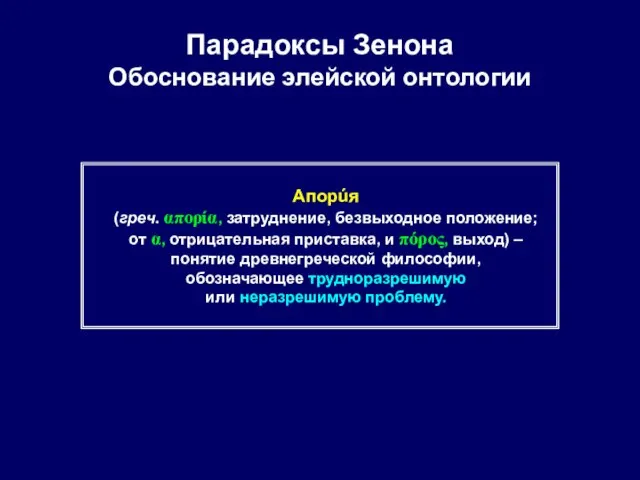 Парадоксы Зенона Обоснование элейской онтологии Апорúя (греч. απορία, затруднение, безвыходное положение; от