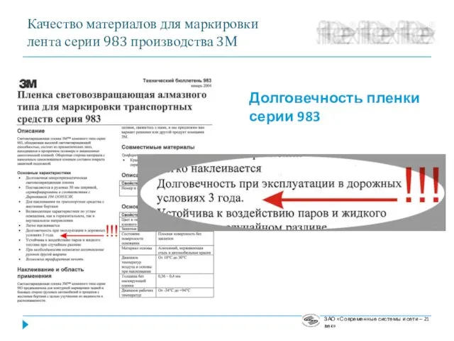 ЗАО «Современные системы и сети – 21 век» Качество материалов для маркировки