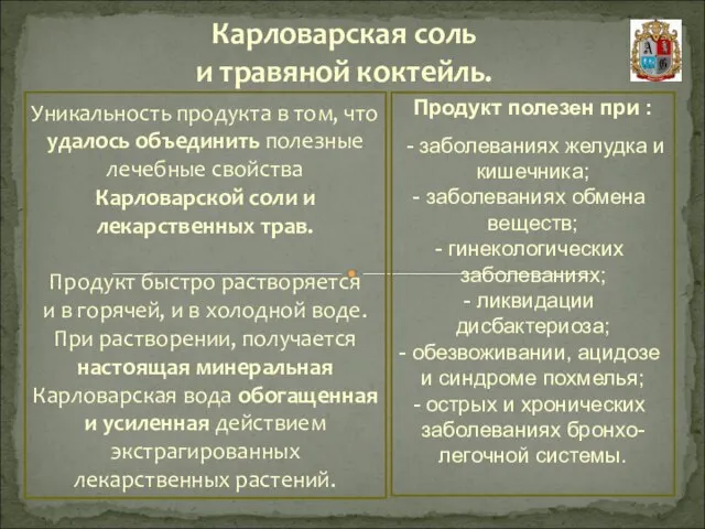 Карловарская соль и травяной коктейль. Уникальность продукта в том, что удалось объединить