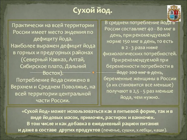 Сухой йод. Практически на всей территории России имеет место эндемия по дефициту