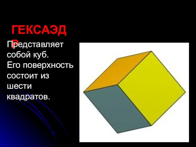 ГЕКСАЭДР Представляет собой куб. Его поверхность состоит из шести квадратов.