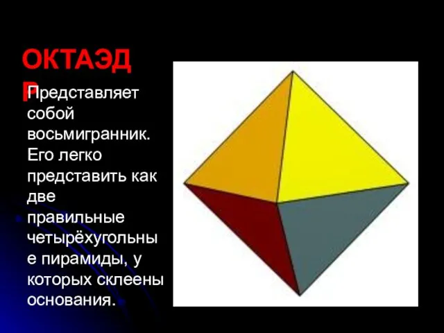 ОКТАЭДР Представляет собой восьмигранник. Его легко представить как две правильные четырёхугольные пирамиды, у которых склеены основания.