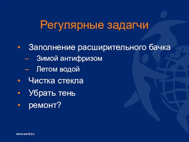 Регулярные задагчи Заполнение расширительного бачка Зимой антифризом Летом водой Чистка стекла Убрать тень ремонт?