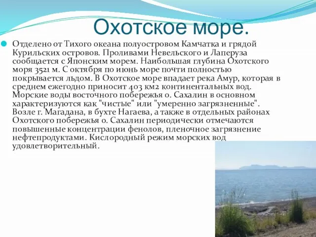 Охотское море. Отделено от Тихого океана полуостровом Камчатка и грядой Курильских островов.