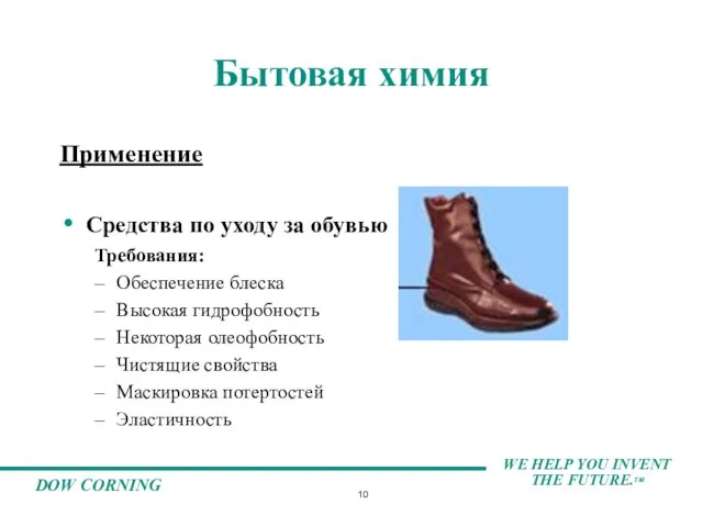 Бытовая химия Применение Средства по уходу за обувью Требования: Обеспечение блеска Высокая