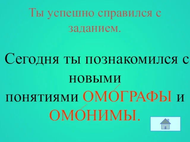 Ты успешно справился с заданием. Сегодня ты познакомился с новыми понятиями ОМОГРАФЫ и ОМОНИМЫ.