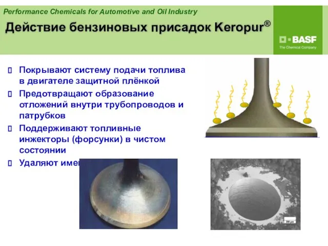 Действие бензиновых присадок Keropur® Покрывают систему подачи топлива в двигателе защитной плёнкой